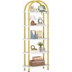 HOOBRO 5 Tier Open Bookshelf, Industrial Arched Bookcase Display Shelf Rack, Wooden Bookcase Storage Shelf Metal Frame, Tall Storage Organizer for Home, Easy Assembly, Gold DM176SJ01, 16.9"L x 11.8"W x 69.3"H