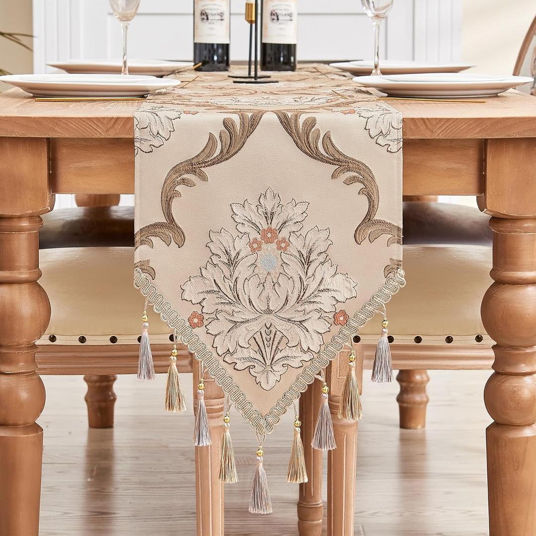 Loom and Mill Vintage Floral Table Runner 108 inches Long, Luxury Jacquard Table Runners with Tassels for Dining Room Kitchen Holiday Table Setting Dresser Party Christmas Decor(Light Khaki, 13x 108")