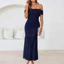Simplee Womens Summer Off Shoulder Maxi Dress 2026 Ruched Bodycon Flowy Tulle Formal Cocktail Wedding Guest Long Dresses (Blue, L)