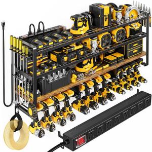 Power Tool Organizer Wall Mount with Charging Station, 4 Tier Tool Battery Storage Rack Built in 8 Outlet Power Strip for Garage, 49" W, Black Wood