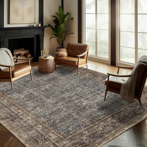 Washable Area Rug 8'x10' Retro Boho Design Non-Shedding Non-Slip Easy Care Ideal for High Traffic Areas in Living Room Bedroom Office Coffee Table Kitchen Large Carpet (Blue-brown Pattern)
