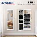 Mirror Jewelry Cabinet, Wall/Door Mounted Jewelry Armoire with Full-Length Mirror, Hanging Jewelry Organizer with LED Interior Lights, White