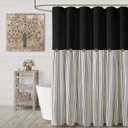 Farmhouse Shower Curtain Linen Blcak Button Woven Fabric Country Rustic Western, Pleated Black Stripe 72" W x 72" L