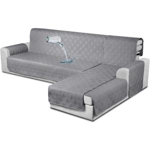 TAOCOCO 100% Waterproof Sectional Couch Covers L Shaped Sofa Covers 3pcs Chaise Lounge Cover for Pet Kids, Reversible Couch Covers for Sectional Sofa Ottoman with Elastic Straps(Small, Gray) (Grey)