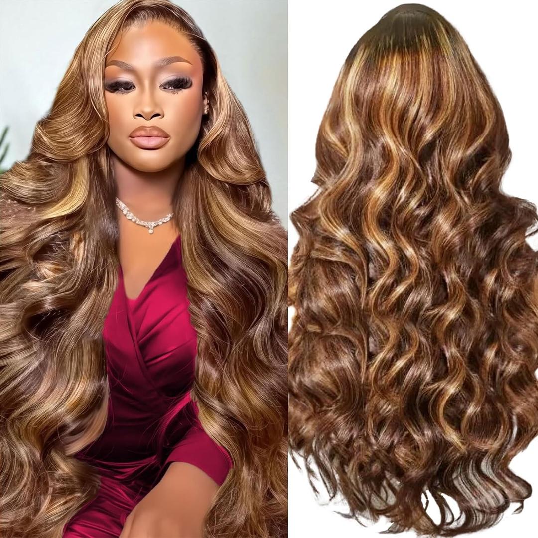 Honey Blonde Wig Human Hair 30 Inch 200 Density Ombre Body Wave 13x6 HD Lace Front Wigs Human Hair Pre Plucked Highlight 4/27 Colored Lace Frontal Glueless Wigs for Women