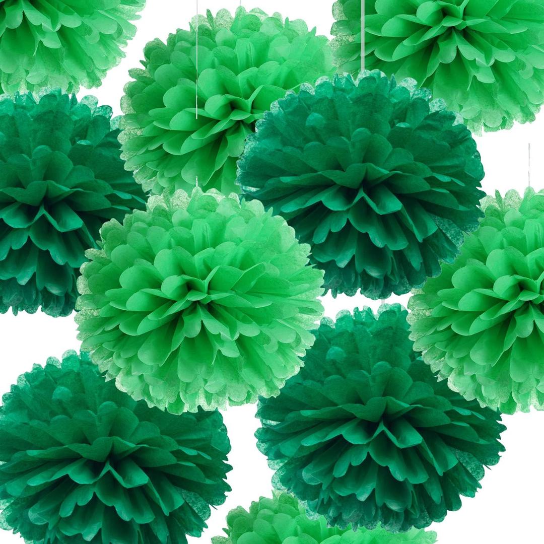 14" Green Tissue Pom Poms Kit DIY Decorative Paper Flowers Ball for Birthday Party Wedding Baby Shower Home Outdoor Hanging Decorations, Pack of 10 (Green, Grass Green)