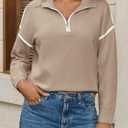 Saodimallsu Womens Quarter Zip Pullover Sweaters Casual Collared V Neck Color Block Long Sleeve Loose Knit Fall Sweater (Small, Khaki)