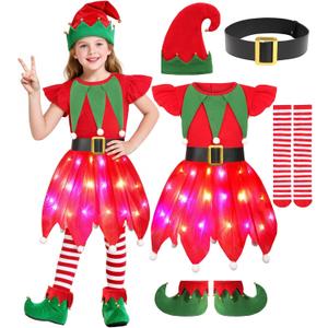 Gorkonpy Elf Costume for Girls Kids LED Light Up Elf Dress for Christmas Girl (5-6 Years, Red)