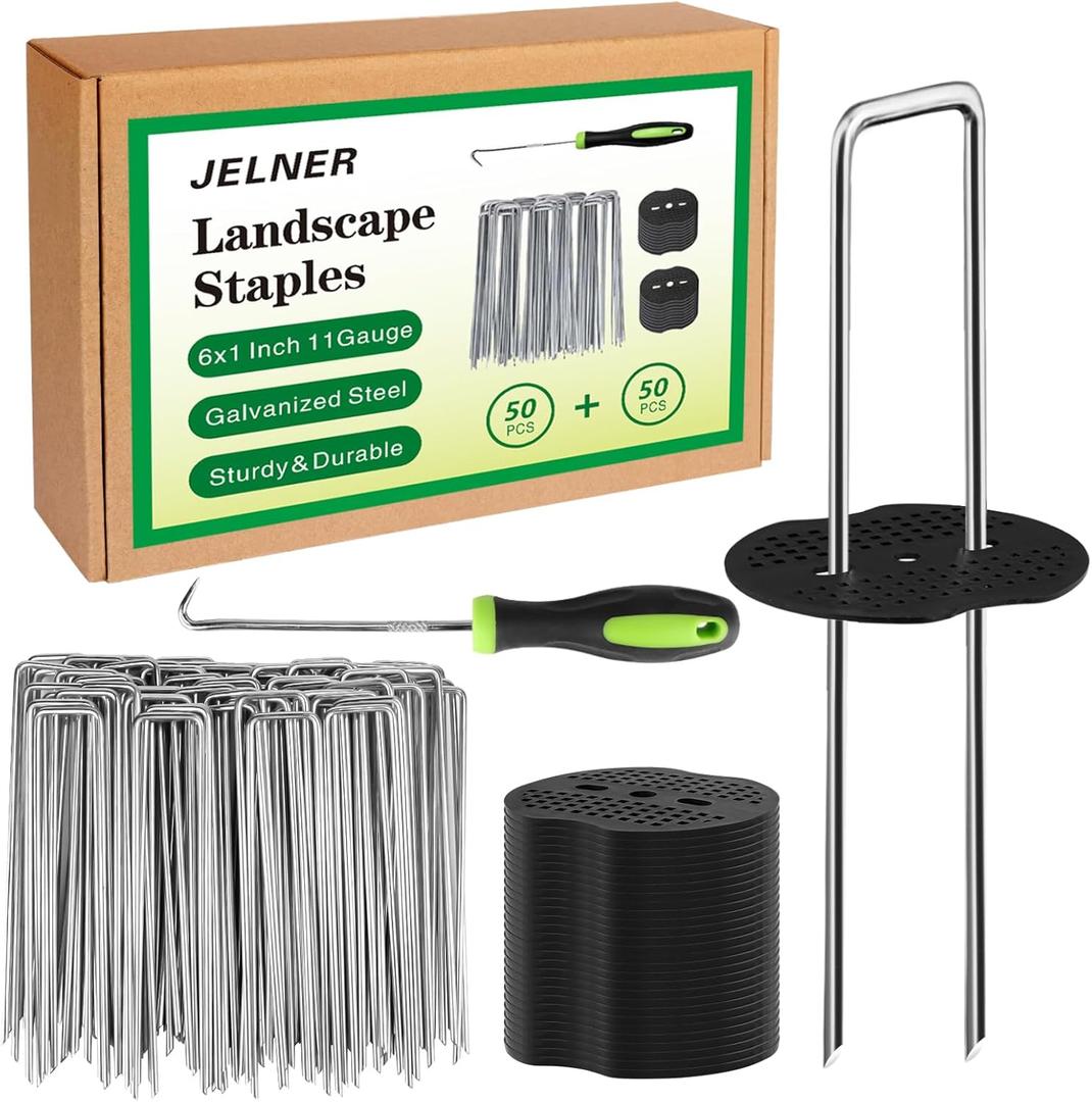 JELNER Garden Stakes, 6 Inch 11 Gauge 50pcs Galvanized Landscape Staples + 50pcs Gaskets + 1Pick Hook, Tent Stakes Landscaping Fabric SOD Pins for Weed Fabric Barrier, Groud Cover, Fence