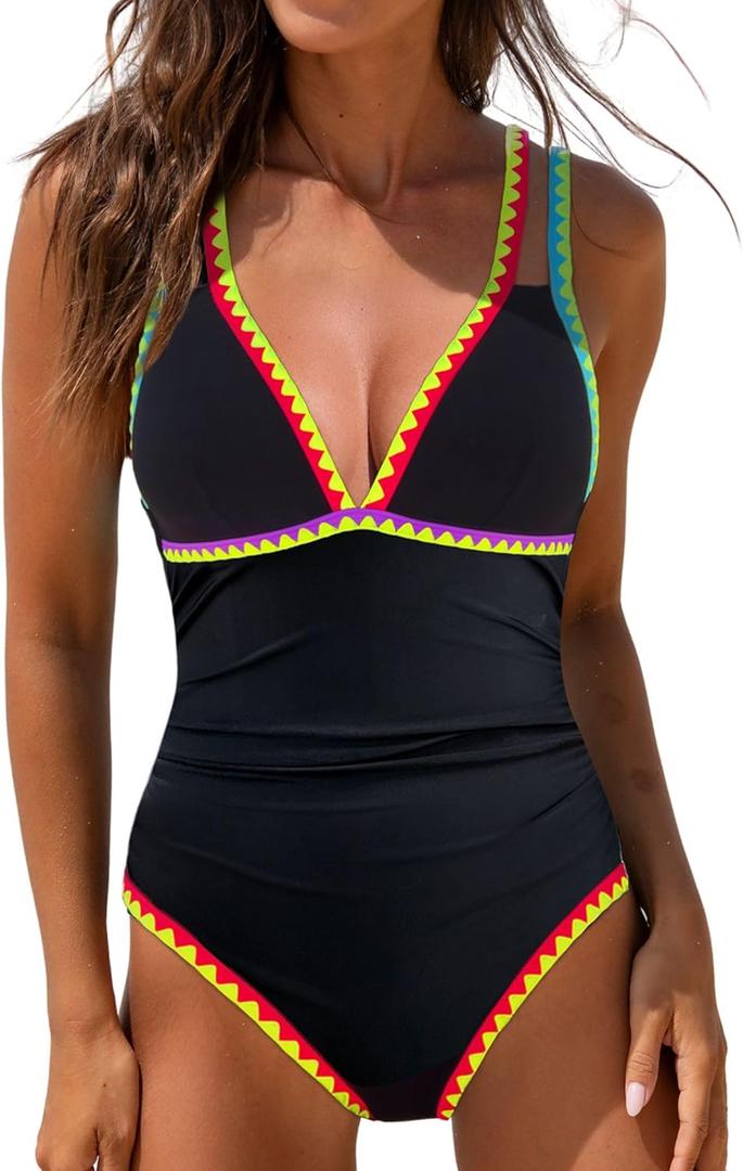 Popvil One Piece Swimsuit Women 2025 Neon Color Block Contrast Cross Strap Bathing Suit Modest Cute Swim Suits (Large, Black)