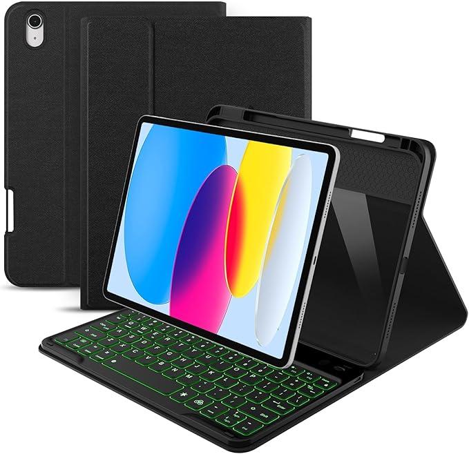 ABSONE for iPad A16 11th 10th Generation Case with Keyboard, 7 Colors Backlit Detachable Wireless Folio Keyboard Cover with Pencil Holder for iPad A16 11 inch Gen 2025 10th Gen 10.9 Inch 2022 Black
