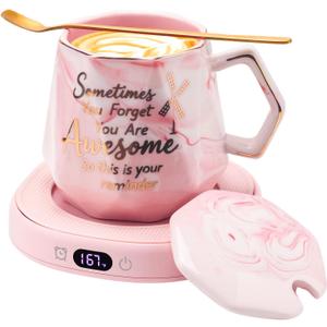 Coffee Mug Warmer & You are Awesome Mug Set, Smart Heated Electric Cup Warmer for Desk Office, 4 Temperature Control Beverage Tea Coffee Warmer, 8 Hrs Auto Shut Off Candle Plate, Ideal Gifts for Women