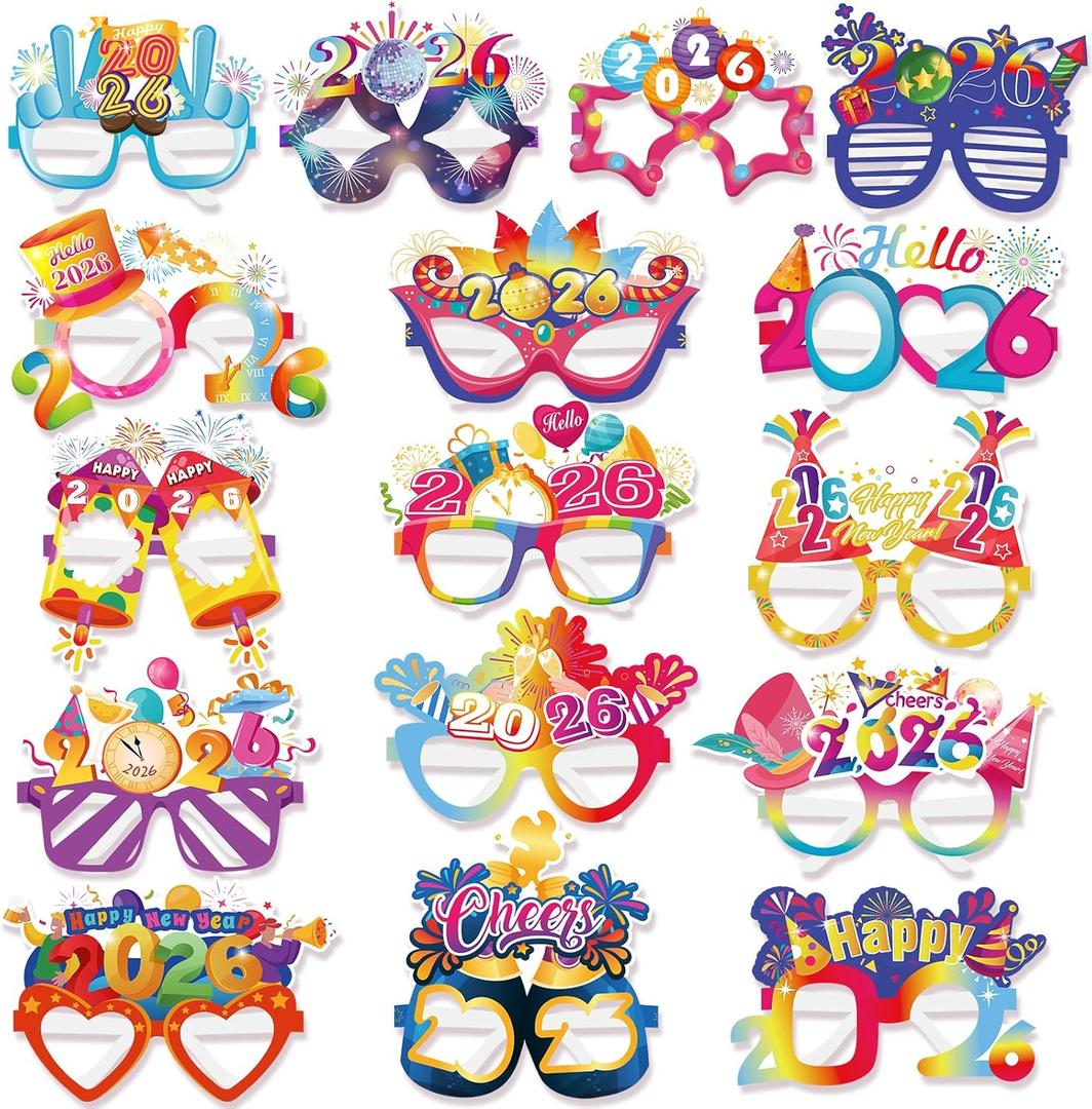 HOWAF 16 Pieces Happy New Year Glasses Colorful 2026 Glasses New Years Eve Party Supplies 2026 NYE Photo Booth Props for Happy New Year Decorations NYE Party Favors Accessories