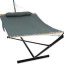 GAFETE 2 Person Hammock with Stand for Outside, Heavy Duty Steel Stand, Double 55inch Hammocks, Large Removable Pillow, Storage Bags, Max 475 lbs Capacity (Mist Green)