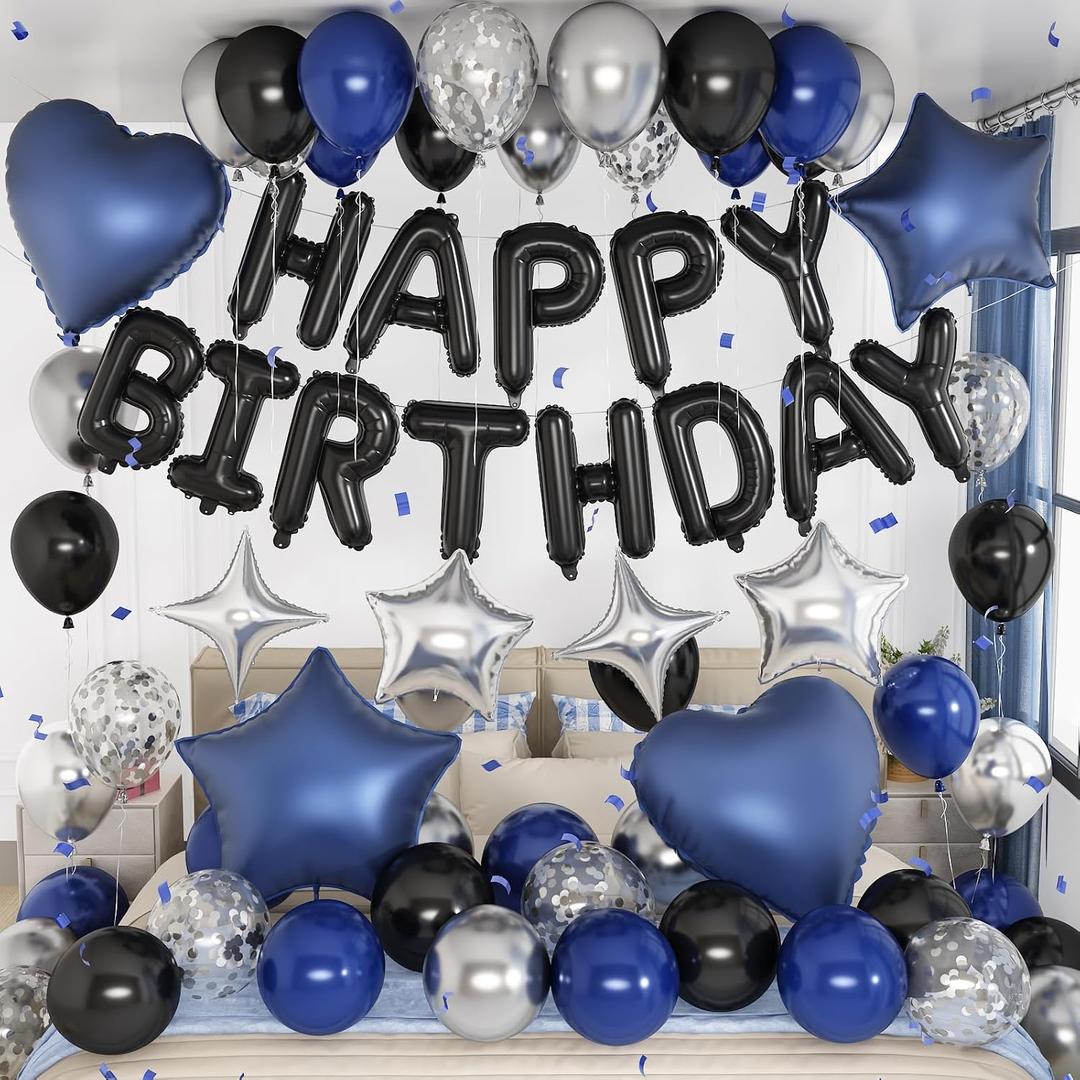 Navy Blue and Black Birthday Decorations for Men Black Pearl Royal Blue Silver Metallic Balloons Confetti Balloon Happy Birthday Banner Heart Balloons 18/10 Inch Star Balloon for Bday Party Supplies