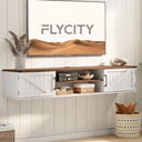 Floating TV Stand with Doors, 63'' Farmhouse Floating TV Shelf for TVs up to 80 Inch, 2 Tier Wall Mounted TV Stand, Floating Entertainment Center, TV Floating Cabinet for Living Room, Bedroom, White