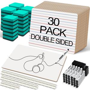 30 Pack Small White Boards, 9"x12" Double Sided Personal Dry Erase Boards Portable Handheld Whiteboards with Lines for Kids, Students, Teacher School, Include 30 Markers, 30 Erasers