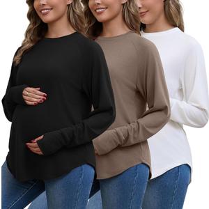 Bhome Maternity Shirts 3 Packs Long Sleeve Pregnancy Tops Loose Fit Casual Blouses with Thumb Holes (X-Large, Black / Brown / White)