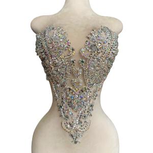 Zbroh Handmade Bodice Rhinestones Applique Sewing Glass Beads Stones Crystal Trim Lace Patches for Dress Clothing Accessories 13X18inches (Clear AB)