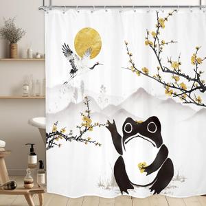 Funny Frog Shower Curtain Bathroom Set 71Wx71H Inches Asian Style Traditional Landscape Scenery Japanese Golden Plum Blossom Sun Bath Accessories Mountain Art Home Decor Fabric 12 Pack Hooks