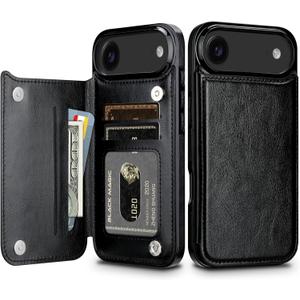 HianDier for iPhone 17 Air Case Wallet with Card Holder PU Leather for iPhone 17 Air Phone Case with Double Magnetic Closure Women Men Shockproof Protective Flip Protective Cover-Black