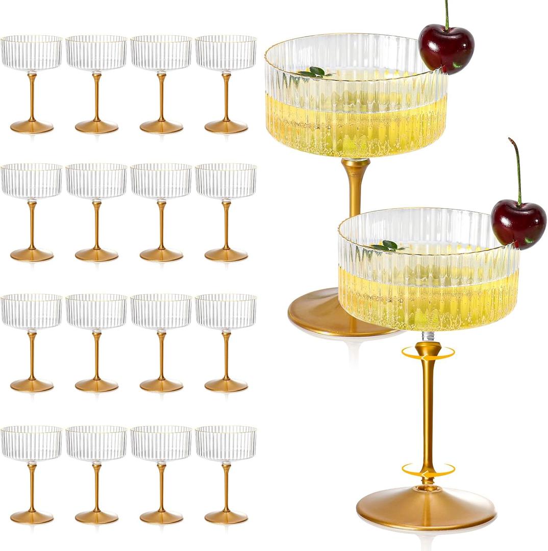 XUWAIDSGN 24 Pcs Champagne Martini Glasses 9 Oz with Gilded Removable Gold Rim Coupe Glasses Pink Martini Glasses Plastic Mimosa Vintage Coupe Glasses Set For Wedding Anniversary (24, Ribbed Gold)