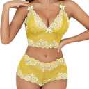 Lilosy Sexy Lace Pajamas Lingerie Set High Waist Sheer Sleepwear Bow Ties Cami Shorts Bra and Panty (Medium, Floral Black Red)