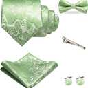 Mens Paisley Tie and Pre-tied Paisley Bow Tie with Pocket Square Cufflinks Clip Set (Sage Green)