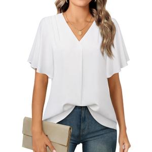 Timeson Women's V Neck Chiffon Blouse Ruffle Sleeve Ladies Work Shirts (Medium, White)