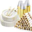 350PCS Gold Plastic Plates for 50 Guests, Disposable Dinnerware Sets Include 100 Gold Rim Plastic Plates, 50 Silverwares, 50 Cups, and 50 Pre Rolled Napkins for Party, Wedding, Graduation