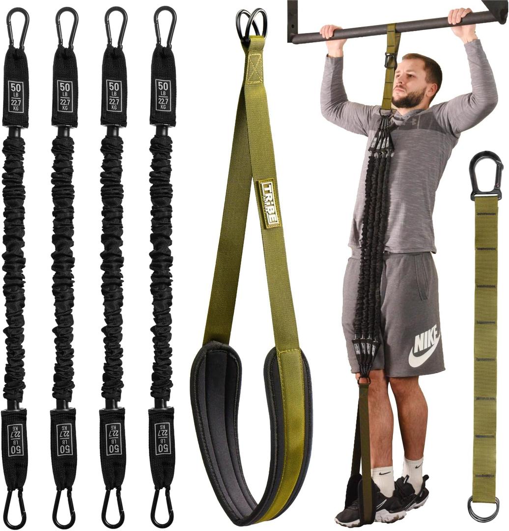 Pull Up Assistance Bands Set - 4 Heavy-Duty Pull Up Bands, Height Adjustable Strap & Comfortable Foot Strap - Stackable Pull Up Resistance Bands for Pull Ups (Military Green)