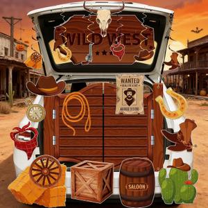 Aodaer 18 PCS Halloween Western Trunk or Treat Car Decoration Kit Wild West Cowboy Trunk or Treat with Backdrop Banner Swirls Cards for Car Archway SUV Garage Door Decorations Halloween Party Supplies
