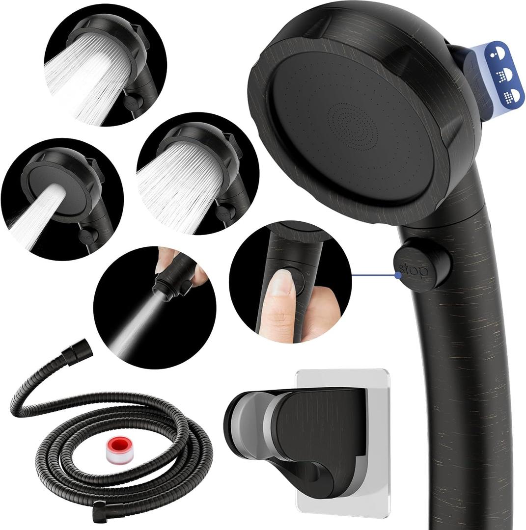 HANLIAN High Pressure Shower Head with Pause Button, 3 Spray Modes Shower Head for RV Camper, Water Saving On Off Shower, Handheld Shower Head with Hose and Holder (Oil-Rubbed Bronze)