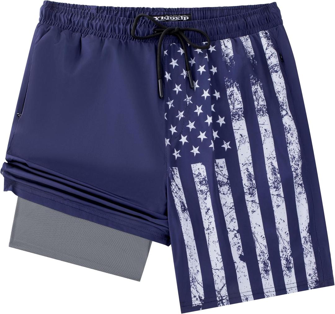 Mens Swim Trunks with Compression Liner, 7 Inch Inseam Stretch Quick Dry Swimsuit Swimming Short, Navy Flag Beach Board Shorts Built-in Swimwear Bathing Suit for Men, Large