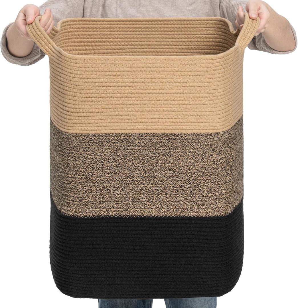 CLHMILY&Z 75L Laundry Basket Rectangular Black Jute Rope - 16x13x22 Inches - Dirty Clothes and Soft Storage Bin for Blankets, Toys, and Nursery Essentials