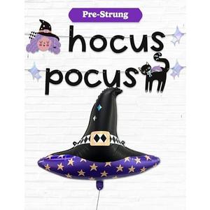 HOUSE OF PARTY Hocus Pocus Halloween Banner & Witch Hat Balloon - Perfect Indoor Halloween Party Decoration with Witch & Black Cat Designs - Ideal for Mantle and Hocus Pocus Party Decorations, Pack of 2