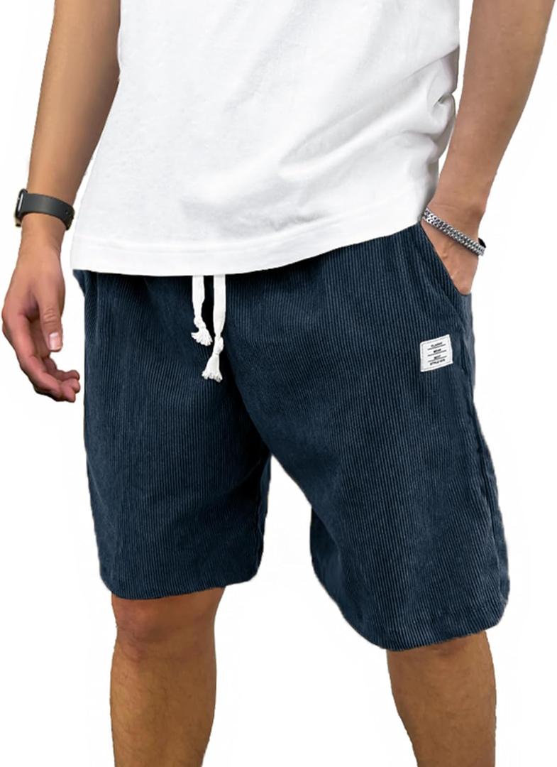 PLEPAN Mens Corduroy Shorts Casual Elastic Waist Drawstring Summer Beach Short (3X-Large, Navy Blue)