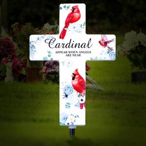 Yousoontic Cardinal Solar Stake Lights Outdoor Memorial Garden Stake Cross Lights for Grave Cemetery Christmas Cardinal Garden Decor Solar Cross for Patio Pathway Memorial Decoration(Classic Style)