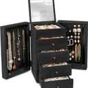 Meangood Jewelry Box Wood for Women, 5-Layer Large Organizer Box with Mirror & 4 Drawers for Rings, Earrings, Necklaces, Black