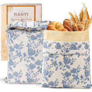 2-Pack Reusable Beeswax Bread Bags for Sourdough & Homemade BreadCotton Waxed Bags Keeps Fresh Longer(Navy Bloom)