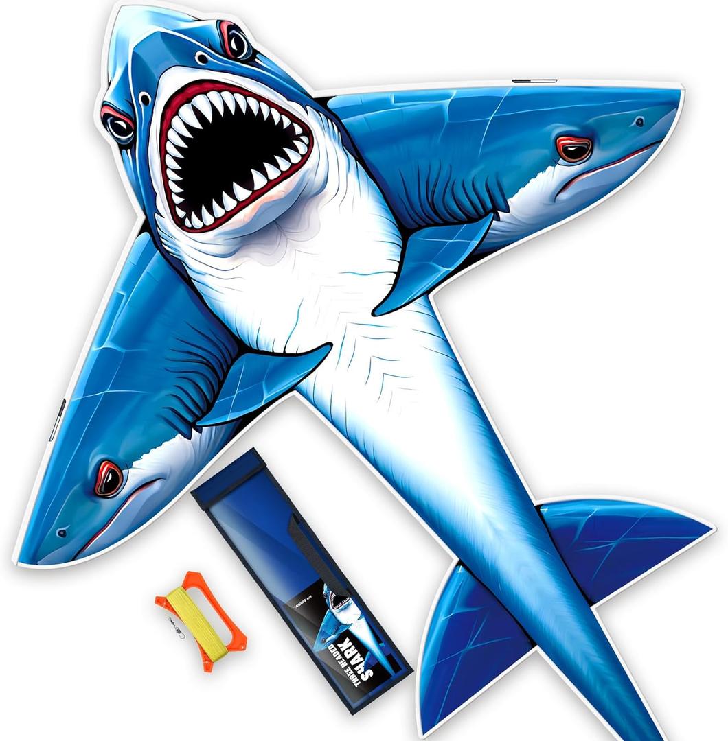 Complete Kite with Handle, Line & Accessories,Easy to Fly for Kids & Adults, Perfect for Beach, Park, Family Outdoor Activities, Three Headed Shark