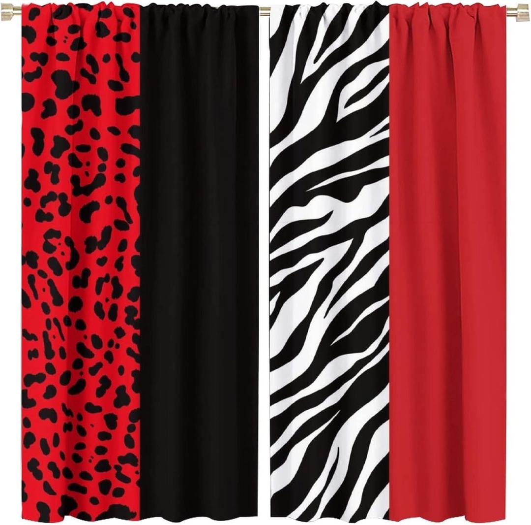 Black Red Curtains Leopard and Zebra Animal Print Window Drapes Thermal Insulated Curtains 2 Panels, Room Darkening for Living Room Bedroom Window Treatments 42" x 45"Decor