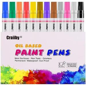 Paint Markers, 12 Pack Oil-Based Waterproof Quick Dry Permanent Paint Pen Set for Rocks Painting, Wood, Fabric, Plastic, Canvas, Glass, Mugs, Metal, Tire, Stone, DIY Craft