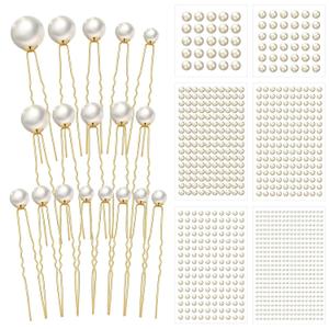 Suncalla 18 Pcs Pearl Hair Pins and 6 Sheet 3D Pearl Stickers Set, Gold Wedding Bridal Hair Accessories Vintage Headpiece for Bride Bridesmaid Flower Girls Face Body Nail DIY Crafts Decoration