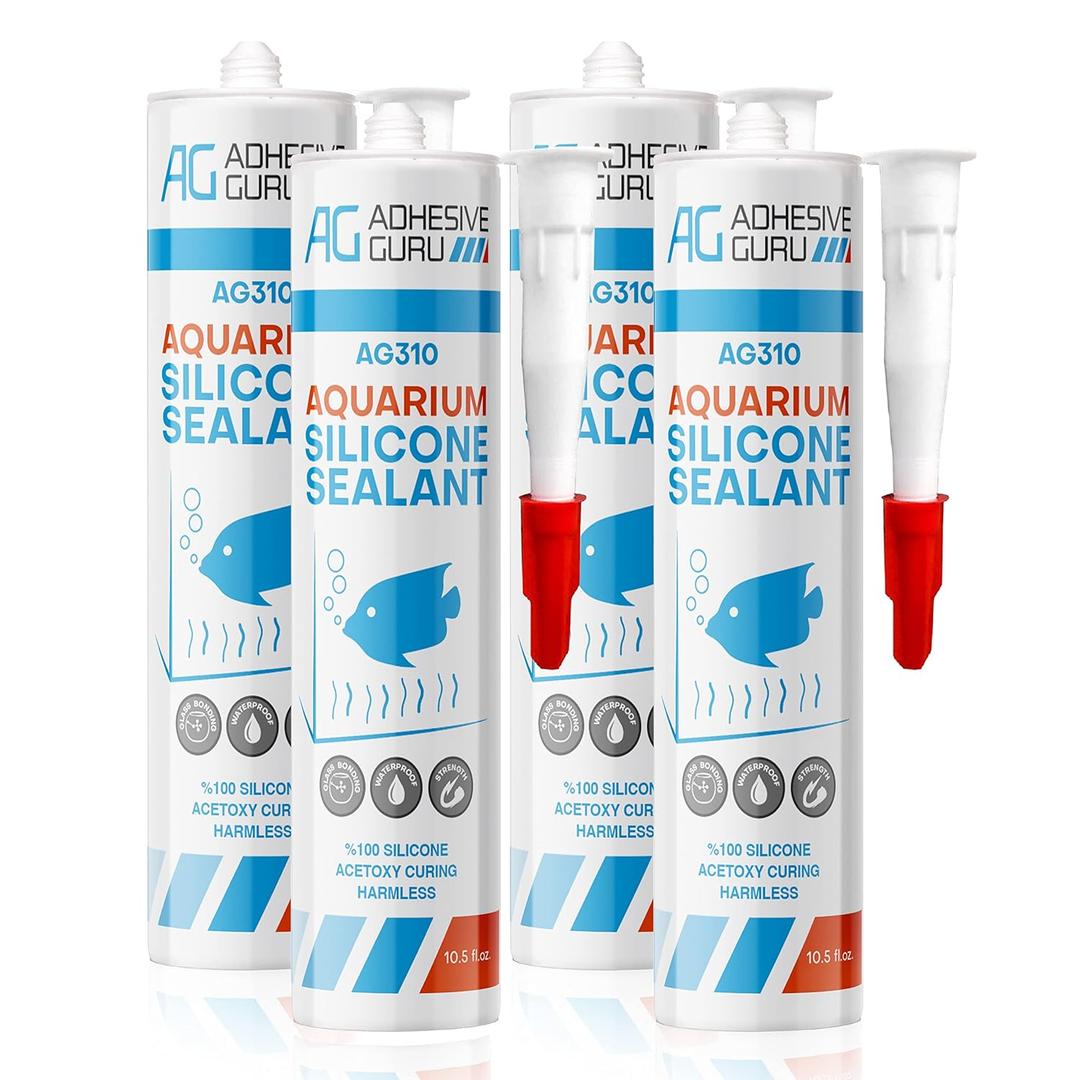 Aquarium Silicone Sealant Clear (4x10.5 floz) 100% Silicone, Waterproof Aquarium Safe, Non-Toxic Fish Tank Glue, Solvent Free, Rapid Curing, Strong Adhesion, Transparent, Pack of 4