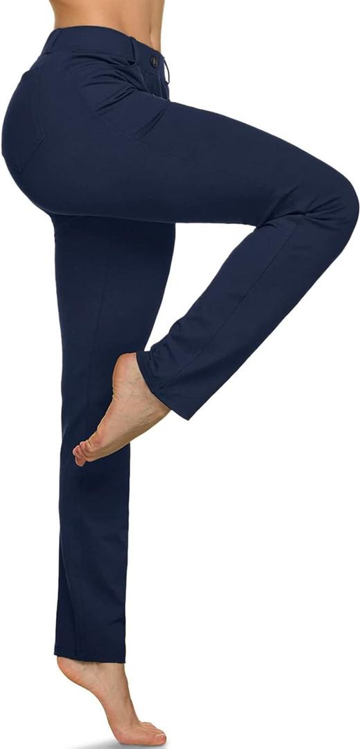 TSLA Women's Yoga & Dress Pants, Office Business Casual Work Slacks, Stretch Straight Leg/Bootcut Pants with 4 Pockets (Slacks Petite Navy) S 