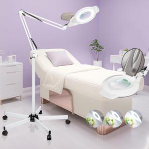 10X Magnifying Glass with Light and Stand, 2200 Lumens Dimmable Magnifying Floor Lamp, 2-in-1 Lighted Magnifier with 5 Wheels Rolling Base, Mag Lamp for Estheticians, Crafts, Reading, Facial (White)