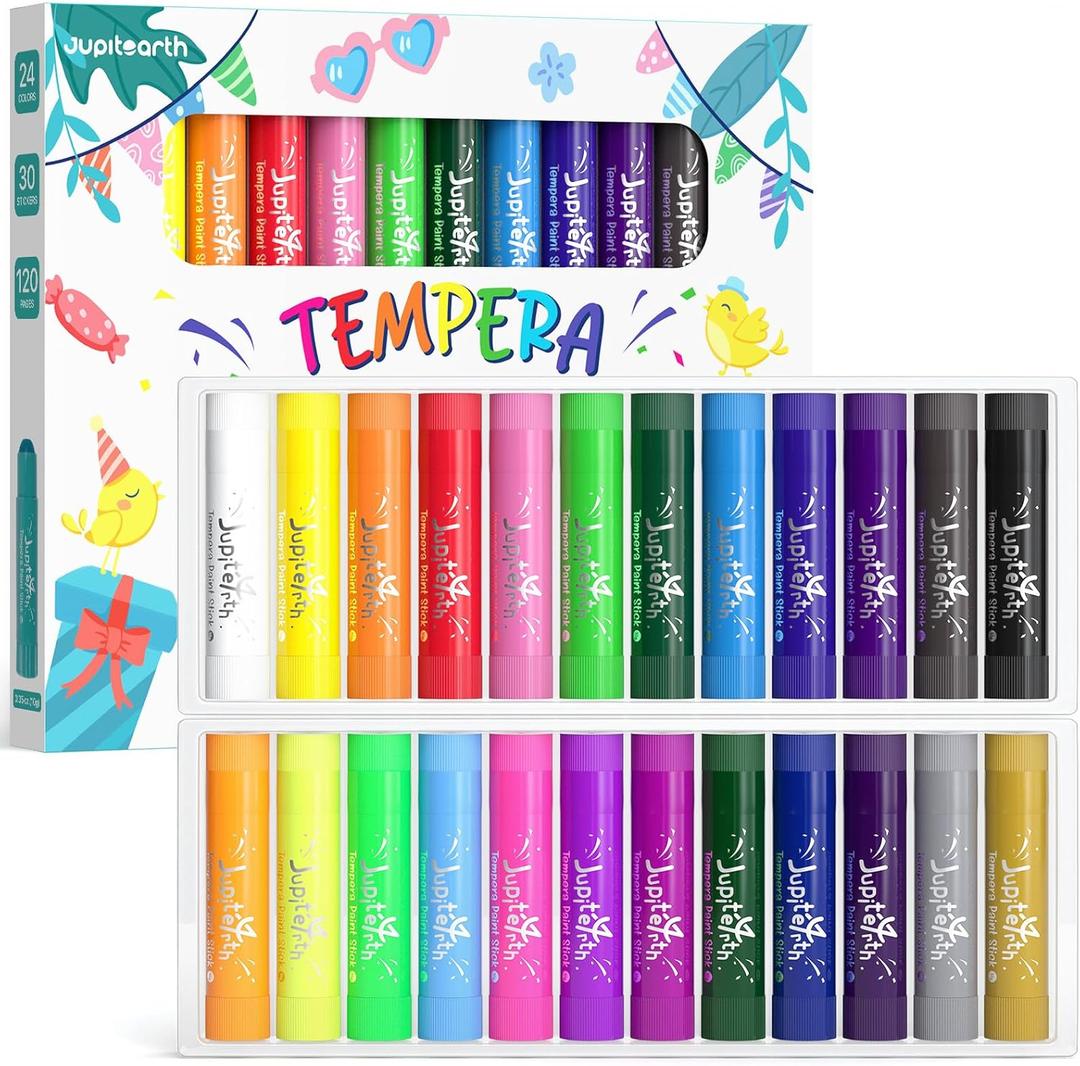 JUPITEARTH Paint Sticks for Kids 24 Colors, Quick Drying, Smooth, Non-Toxic and Washable Tempera Paint Sticks with 120 PDF Coloring Pages and 30 Stickers, Toddler Art Supplies for Drawing (24 Colors (Classic, Neon, Metallic))
