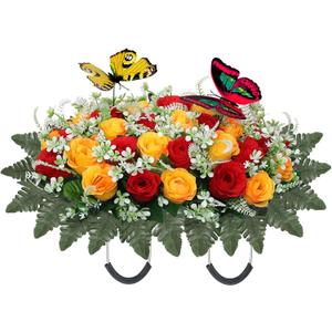 Artificial Cemetery Flowers for Grave,Large Headstone Flower Saddle Realistic Grave Flowers Memorial Silk Rose Flowers with Butterflies for Headstone Grave Decoration Non-Fading Easy Fit (Red Yellow)