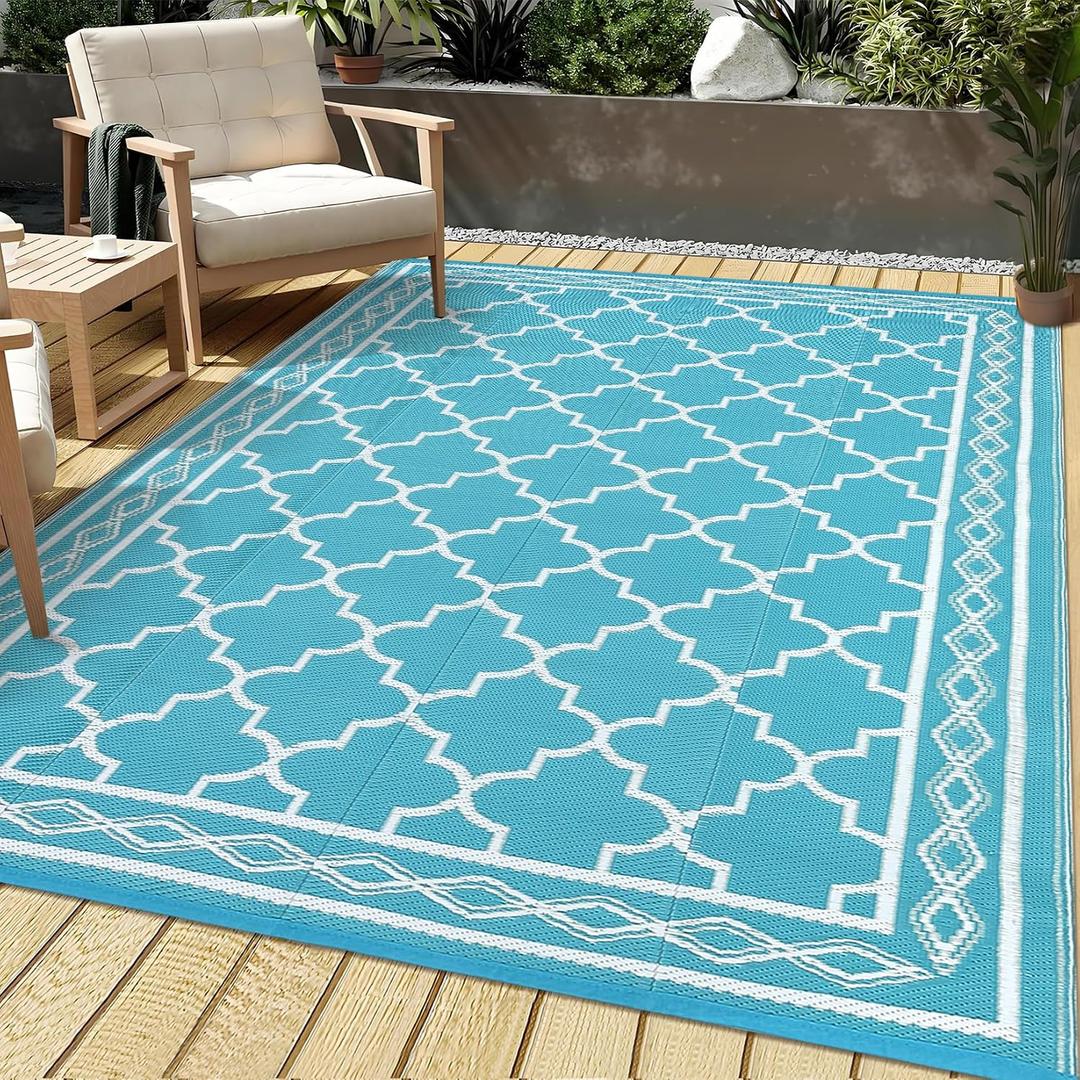 IDEALHOUSE 10x14 ft Reversible Outdoor Rug, Waterproof Plastic Straw Patio Mat, UV Resistant Easy-Clean Outdoor Area Rug with Bound Edges, Foldable Camping RV Deck Porch Balcony Picnic Rug, Teal/White